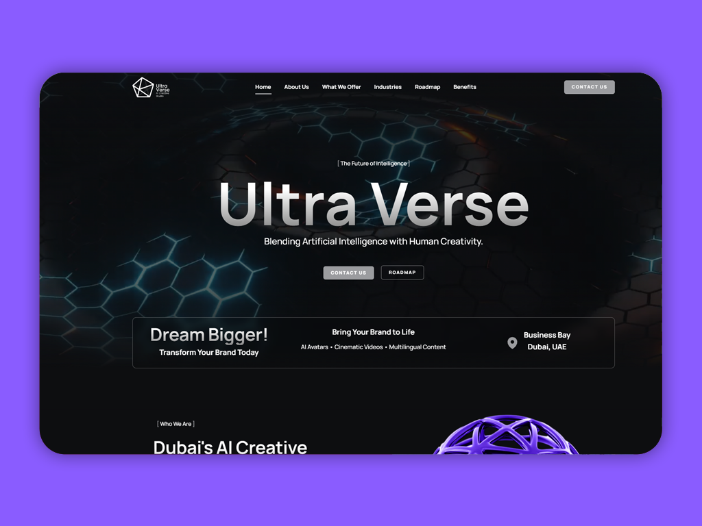 هوية وموقع Ultra Verse — استوديو الذكاء الاصطناعي الإبداعي في دبي